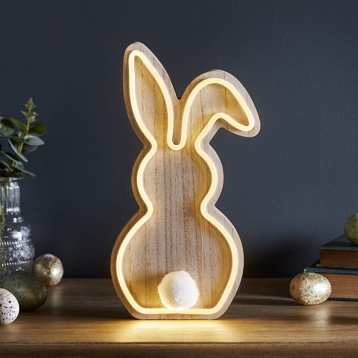 Thijox - Houten Neon Bunny LED Licht Pasen Decoratie 30cm - Batterij Timer - Indoor Gebruik - Feestelijke Paasverlichting - Sfeervolle Decoratie voor