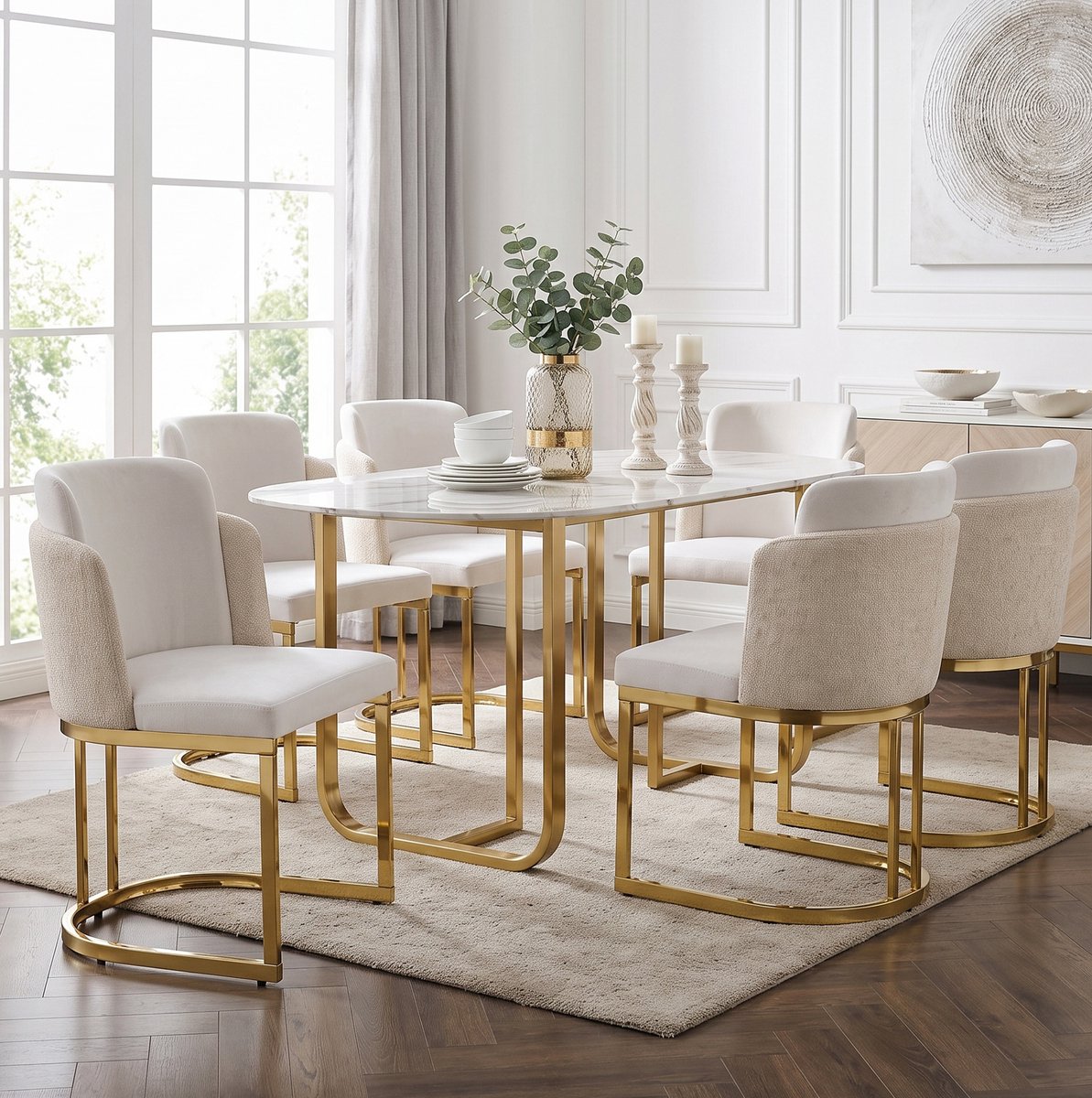 MEUNIQ set van 6 eetkamerstoelen met armleuning, chenille bekleding en metalen poten, 61,5