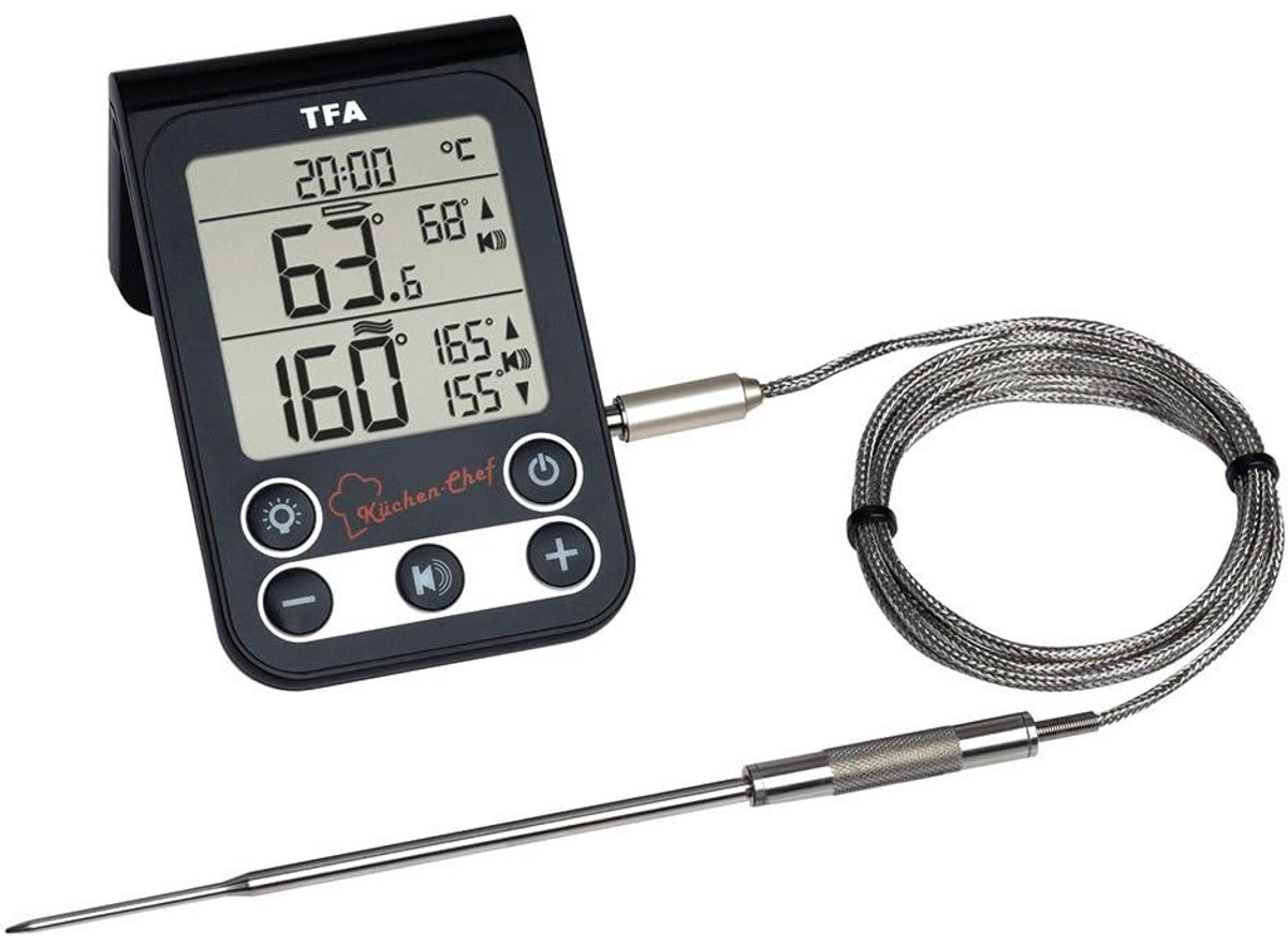 SnelShoppen - Digitale Vlees-/Oventhermometer, Prikthermometer voor Oven en Grill, Met Alarm en Tijd, Achtergrondverlichting, Zwart, Voor Perfect Gega
