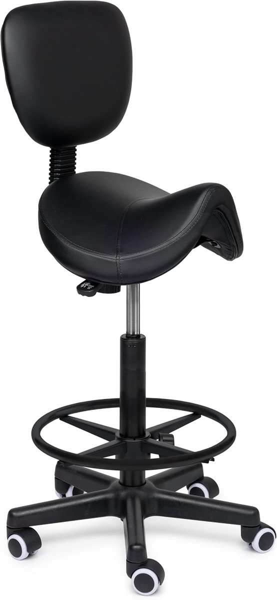 SnelShoppen - Ergonomische Zadelkruk met Rugleuning Comfort Zwart op Wielen - Luxe Kantoorstoel, Verstelbaar, Koud-Schuim Vulling, Duurzaam, 5 cm Dikk