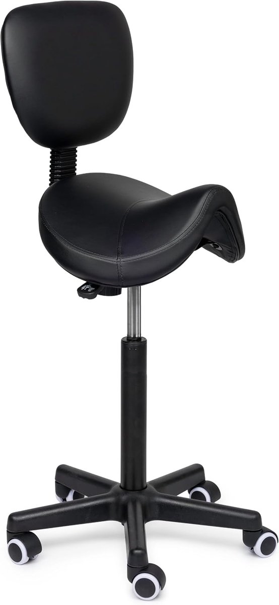 SnelShoppen - Premium Zadelkruk met Rugleuning - Ergonomische Kapperskruk Zwart - Hoogte Verstelbaar (70-85cm) - Kunstlederen Zadelstoel zonder Voetst