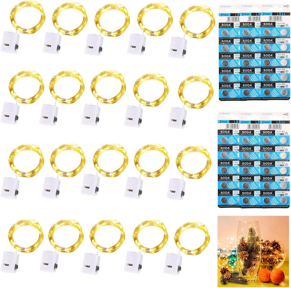 SnelShoppen - 20 LED Fairy Lights met 120 Batterijen - 2m Copper Wire, Waterproof, 3 Modes, Warm Wit - Decoratieve Verlichting voor Feesten, Bruilofte