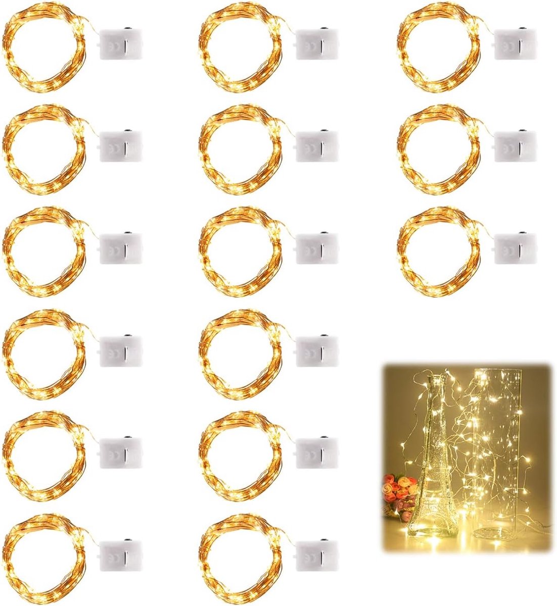 SnelShoppen - 15 Stuks Mini-Lichtketting met Batterijen, 2 M 20 Kleine LED Lichtkettingen Waterdicht, 3 Modi Warm Wit voor Bruiloften, Feesten, Tuin,