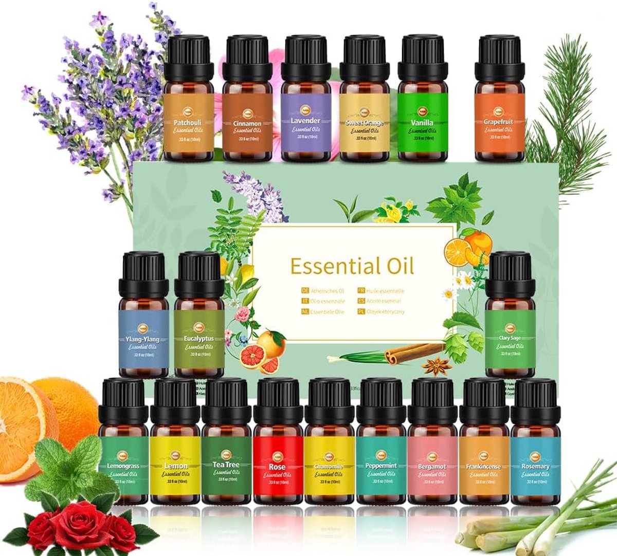 SnelShoppen - Essential Oil Set 18 x 10 ml - Tea Tree, Lavender, Eucalyptus, Lemongrass, Rosemary, Orange, Mint, Lemon, Bergamot, Ylang Ylang, Grapefr