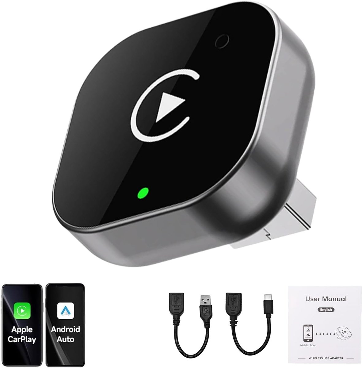 SnelShoppen - Wireless Carplay Adapter voor iPhone en Android, 2-in-1 Plug and Play Draadloze Carplay Dongle, Compatibel met iOS 10+ en Android, Veili