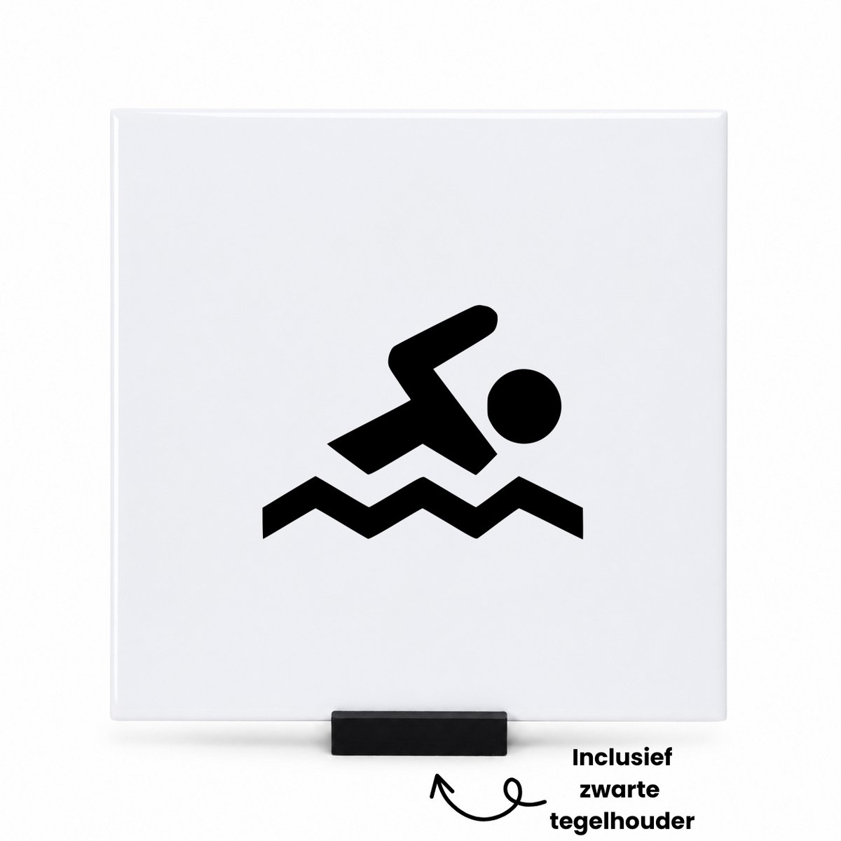 Hacebo Zwemmen tegeltje met tegelhouder - Zwemmen - Beste zwemmer - tegeltjes met tekst - Zwemmen cadeau - Zwemdiploma cadeau - Sport - spreuktegels - 15x15 CM Wit