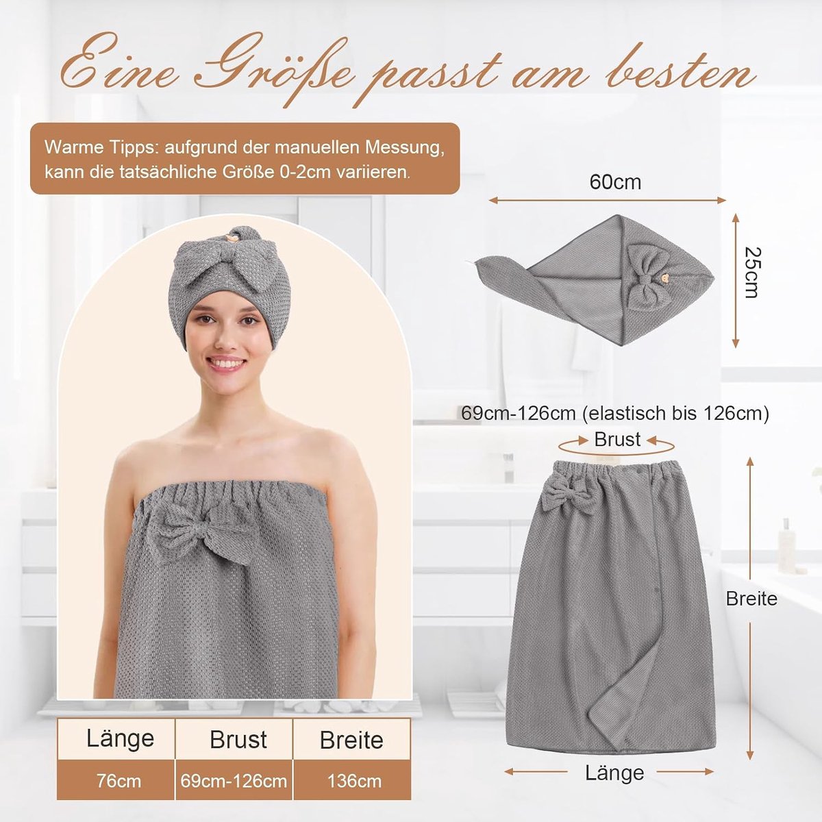 SnelShoppen - 2 stuks Rome sauna kilt voor vrouwen met douchekap, premium badstof, sauna handdoek, ideale pasvorm voor een anti-slip sauna ervaring, f