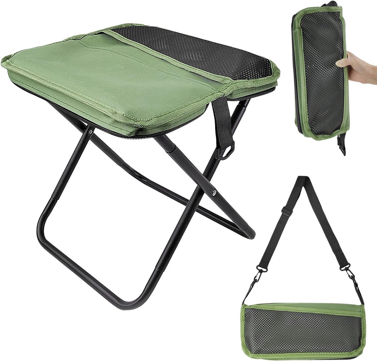 SnelShoppen - Portable Camping Stoel Vouwstoel voor Wandelen, Hiking, Outdoor, Stevige Carbon Staal, 150kg Draagvermogen, Groene Stoel met Rits voor K