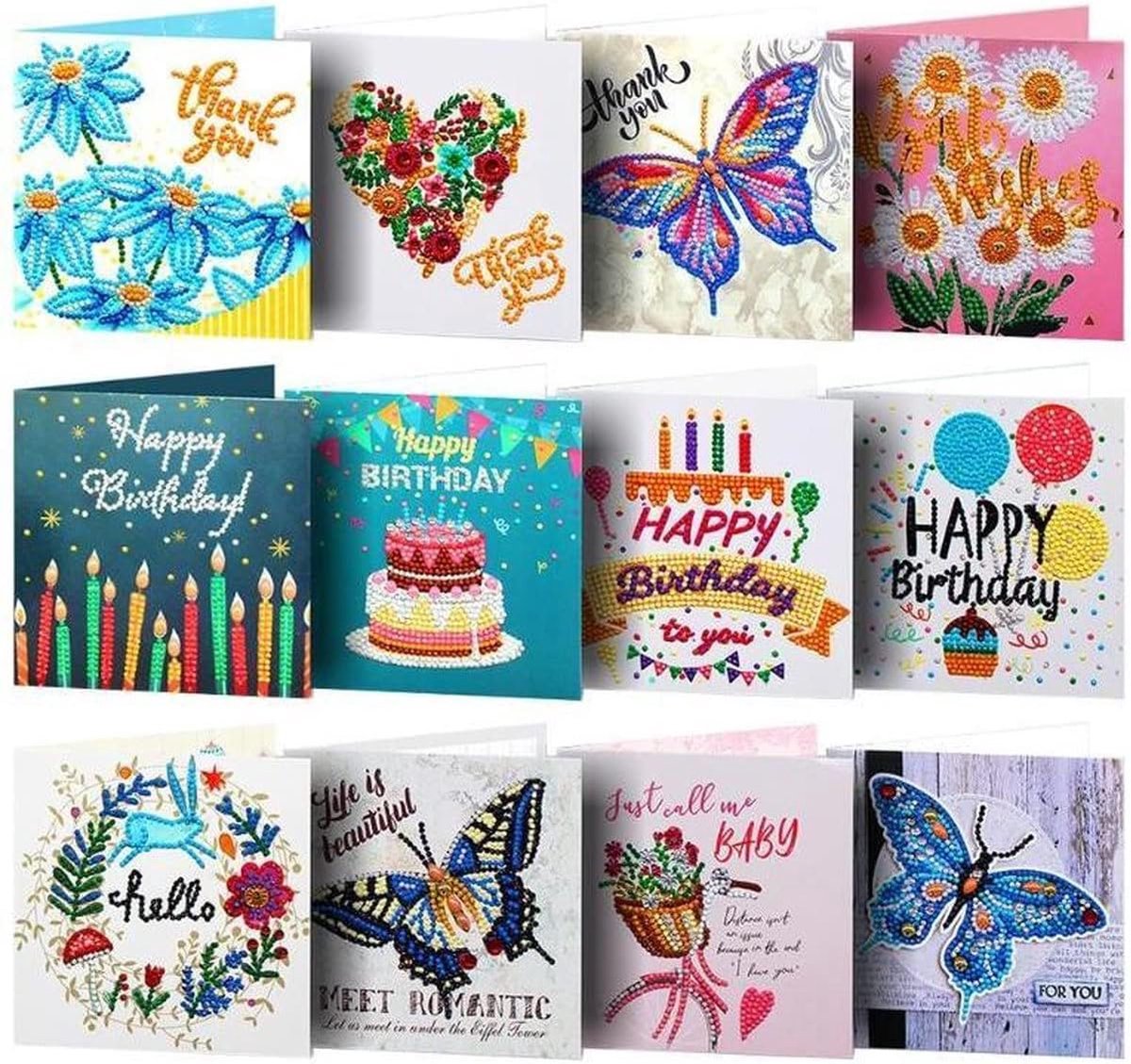 Thijox - 12-Delige Diamond Painting Wenskaarten Set | Creatieve Verjaardagskaarten 15x15cm | Ronde Steentjes Inclusief Enveloppen | Unieke Kaarten voo