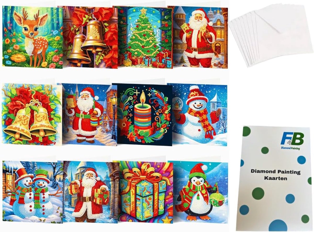SnelShoppen - 12-Piece Kerstkaarten Set met Diamant Schilderen 15x15cm | Ronde Rhinestones | Inclusief Enveloppen | Kerstmis | Santa en Kerstboom Ontw