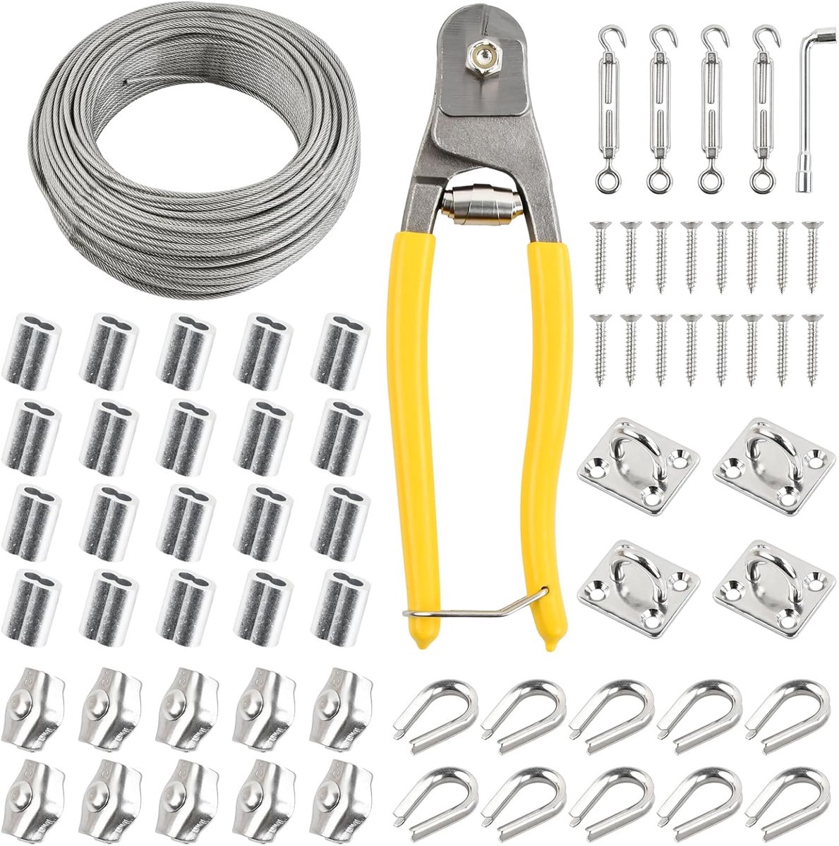 SnelShoppen - 50 m Kledinglijn Buiten met 67 Rvs Spankabels, 20 Ringclips, 4 Haakjes en 4 Spanning Locks voor Tuin, Camping en Buitenactiviteiten