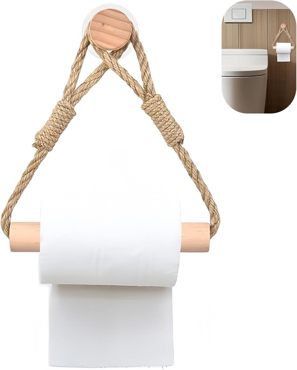 SnelShoppen - Zelfklevende Jute Touw Houten Toiletpapierhouder, Wandmontage Toiletrolhouder, Geen Boorgaten, Eco-vriendelijk Badkameraccessoires