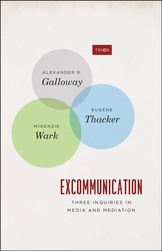 Boek 'Excommunication' met drie overlappende cirkels: grijs (Alexander R. Galloway), groen (McKenzie Wark), lichtblauw (Eugene Thacker).