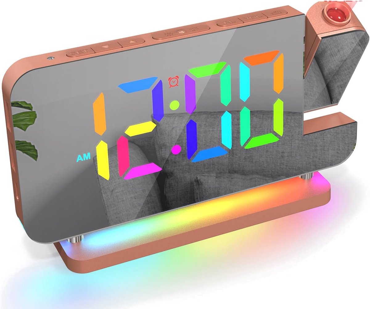 SnelShoppen - RGB Projectie Wekke Klok met Rainbow Nachtlamp - USB & C Oplaadpoorten - Volume Aanpasbare LED Spiegel Klok voor Slaapkamer - Roze