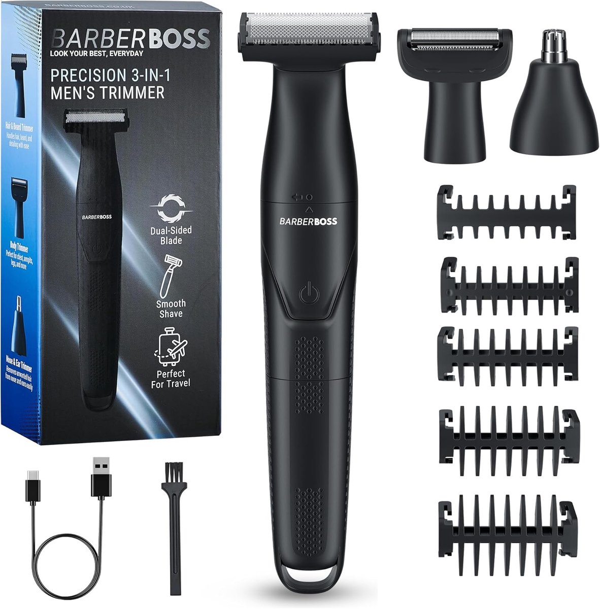 SnelShoppen - 3-in-1 Precision Trimmer Set voor Mannen, Draadloze Baard- en Haartrimmer, Lichaamstrimmer, Neus- en Oortrimmer, Oplaadbaar met USB, QR-