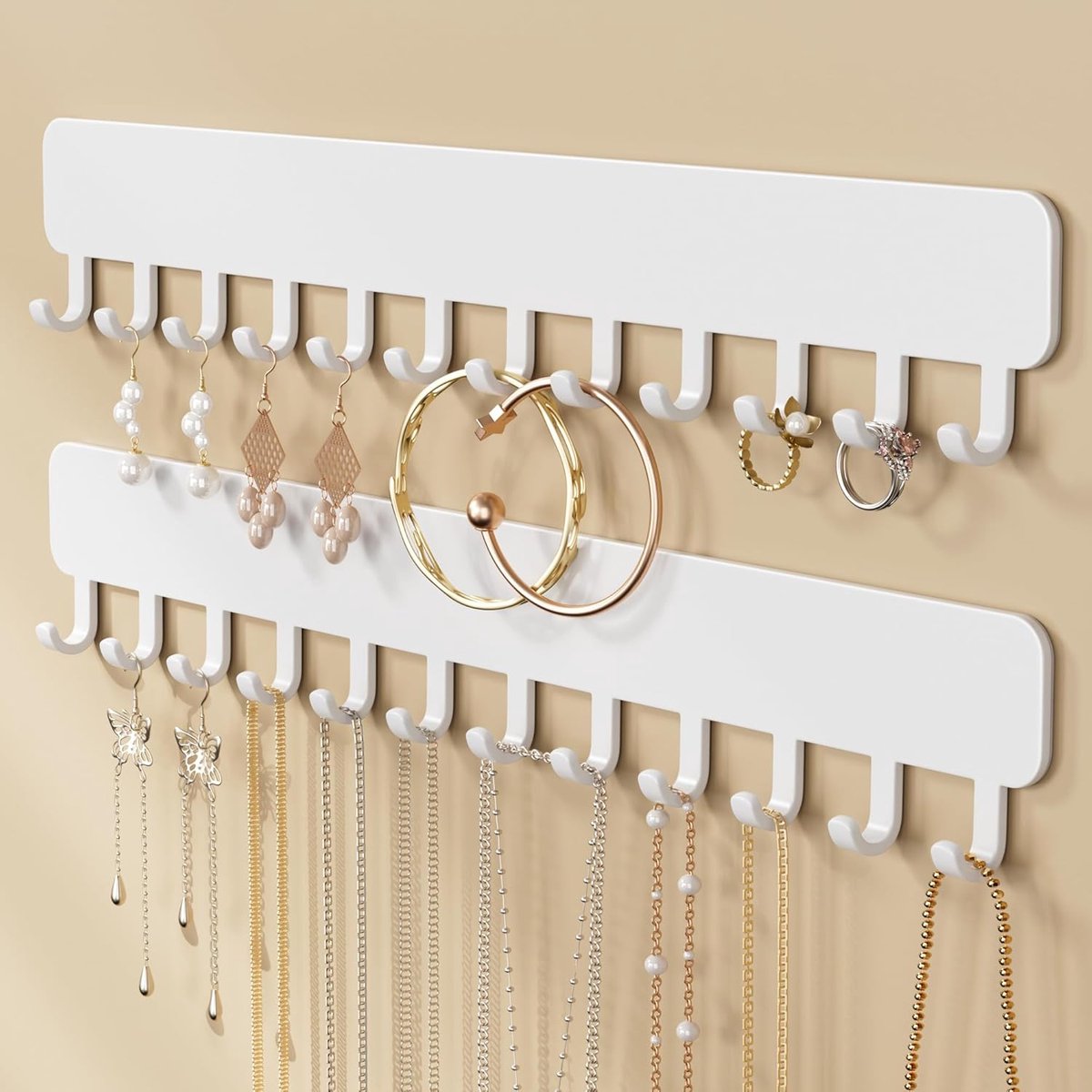 SnelShoppen - Wandgemonteerde Sieraden Organizer, Zelfklevende Haakjes voor Kettingen, Armbanden en Oorbellen, 2 Stuks, Wit, Perfect voor Opbergen en