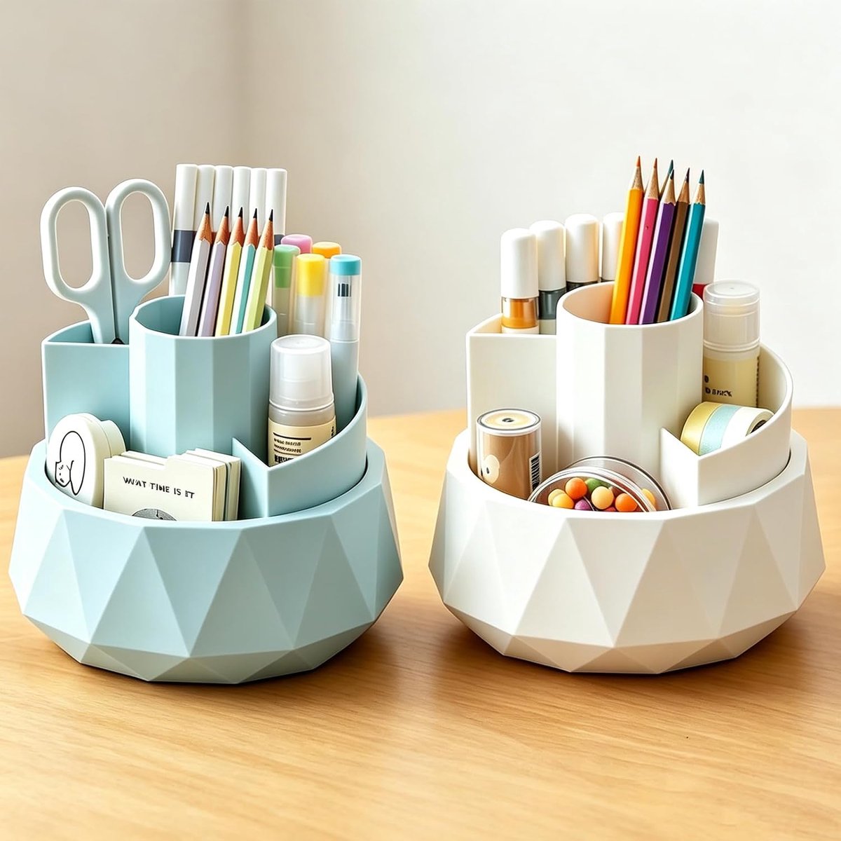 SnelShoppen - 2 Stuks Draaibare Pennenhouder 360° - Bureau Organizer met Grote Capaciteit - Pen-organizer met 4 Compartimenten - Wit + Blauw - Thuis,