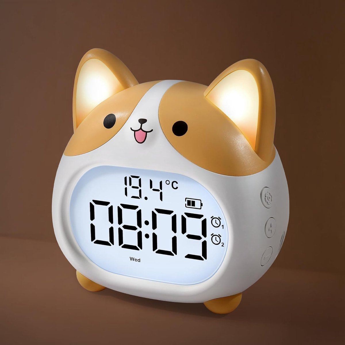 SnelShoppen - Corgi Digitale Kinderwekker met Oplaadbare Accu, Nachtlampje, Dual Alarm, 6 Alarmgeluiden, Snooze, Countdown Timer, Verstelbare Helderhe