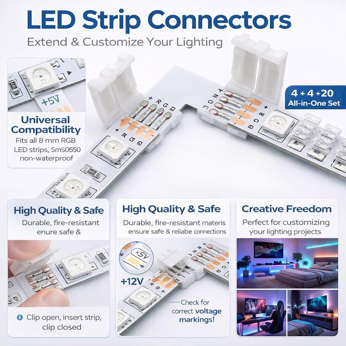SnelShoppen - 28-Delige LED Strip Connector Set - 4-Pin, L-vormige & T-vormige Stekkers + 20 Clips voor 10mm RGB SMD5050 LED Strips - Perfect voor Fee