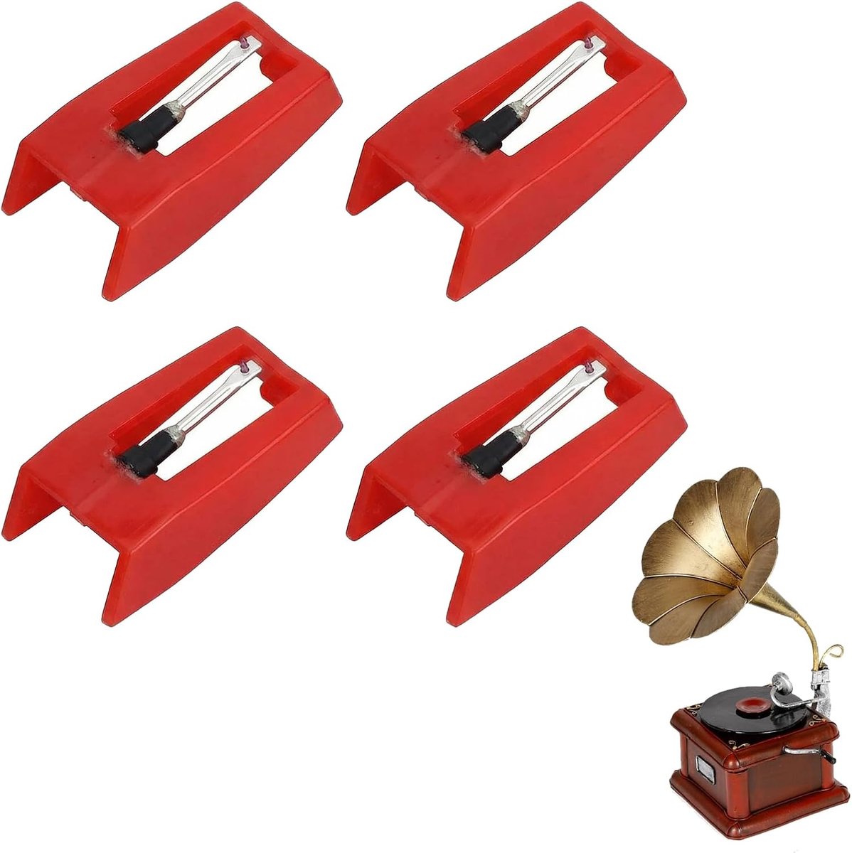 SnelShoppen - Set van 4 Vervangnaalden voor Vinylplaten - Ruby Keramische Stylus voor Hoge Geluidskwaliteit - Compatibel met Diverse Platenspelers - D