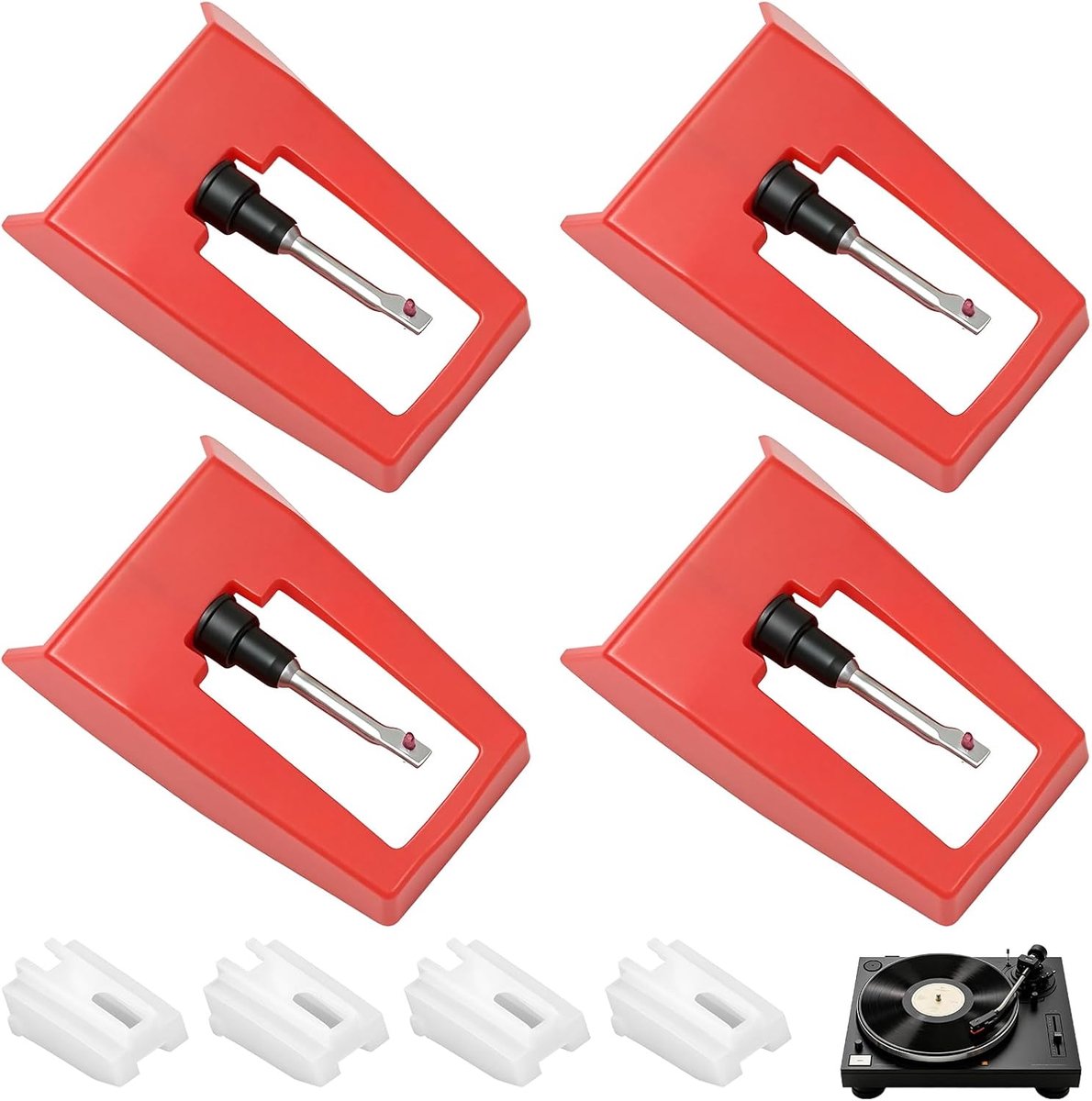SnelShoppen - 4 Stuks Platenspeler Naalden met Beschermkap - Diamantpunt, Universele Platennaald, Reserveaccessoires voor Thuis Audio, Rode ABS Behuiz