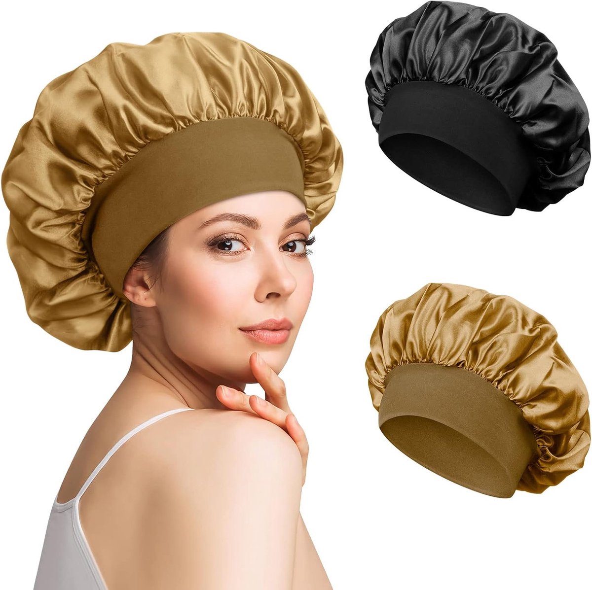 SnelShoppen - Satin Sleep Cap, Bonnet, Nachtmuts, Verstelbare Zijden Haarmuts met Elastische Band, 2 Stuks (Zwart, Goud) voor Vrouwen en Meisjes