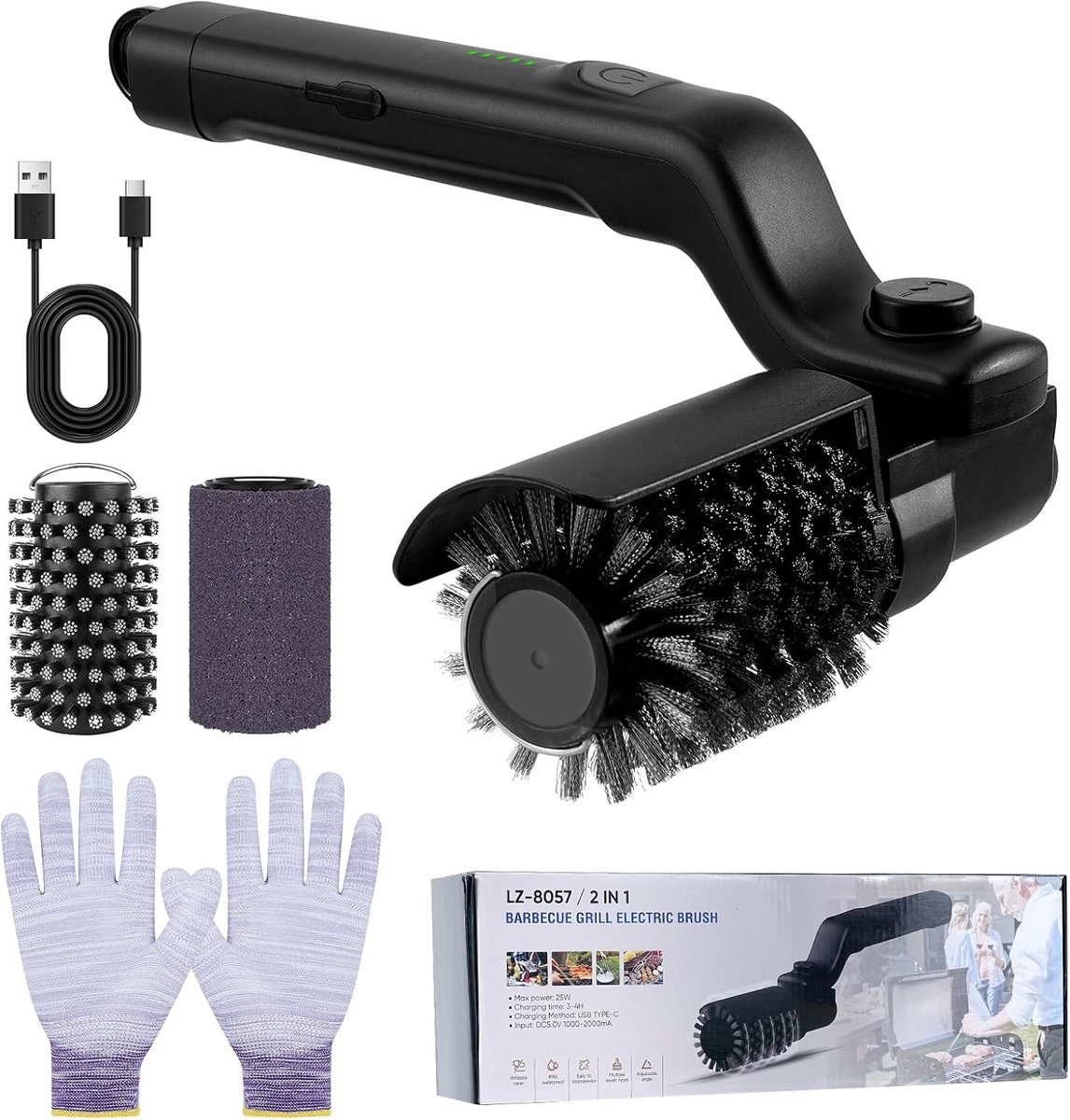 SnelShoppen - Elektrische Grillborstel Oplaadbaar - Barbecue Cleaner met 3 Snelheden en 2 Borstels - 180° Verstelbaar - Rvs Borstelkop - Grillreiniger