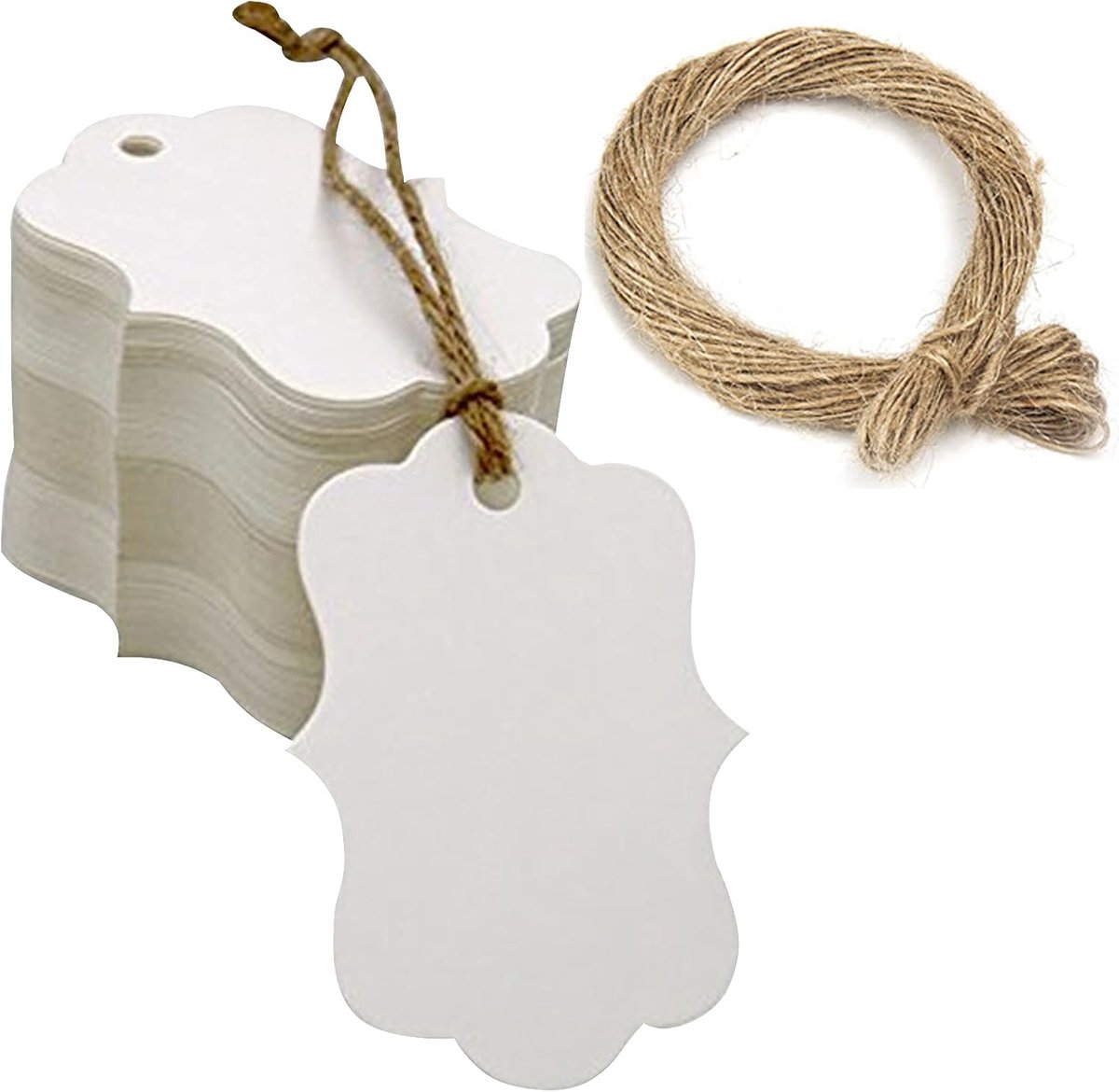 SnelShoppen - 100 Kraft Paper Gift Tags 3x5 cm met Jute Touw voor Bruiloft, Verjaardag, Valentijn, Kerst, Cadeau Labels, Hanger, Decoratie