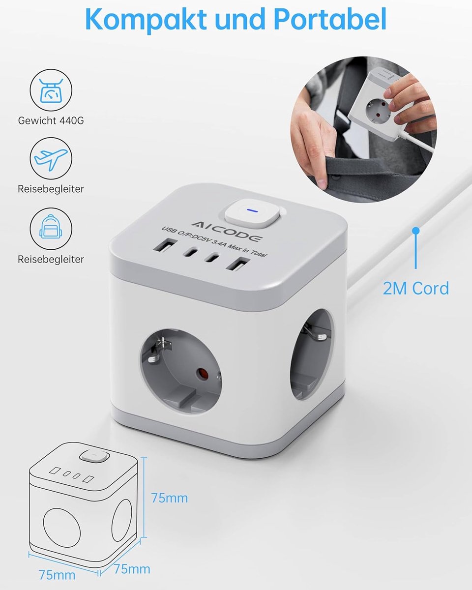SnelShoppen - 3-Way Power Cube 3680W met 4 USB Poorten (2 x USB-C), Kindveilig, Stekkerdoos met Schakelaar, 2m Verlengsnoer, Compact en Draagbaar voor