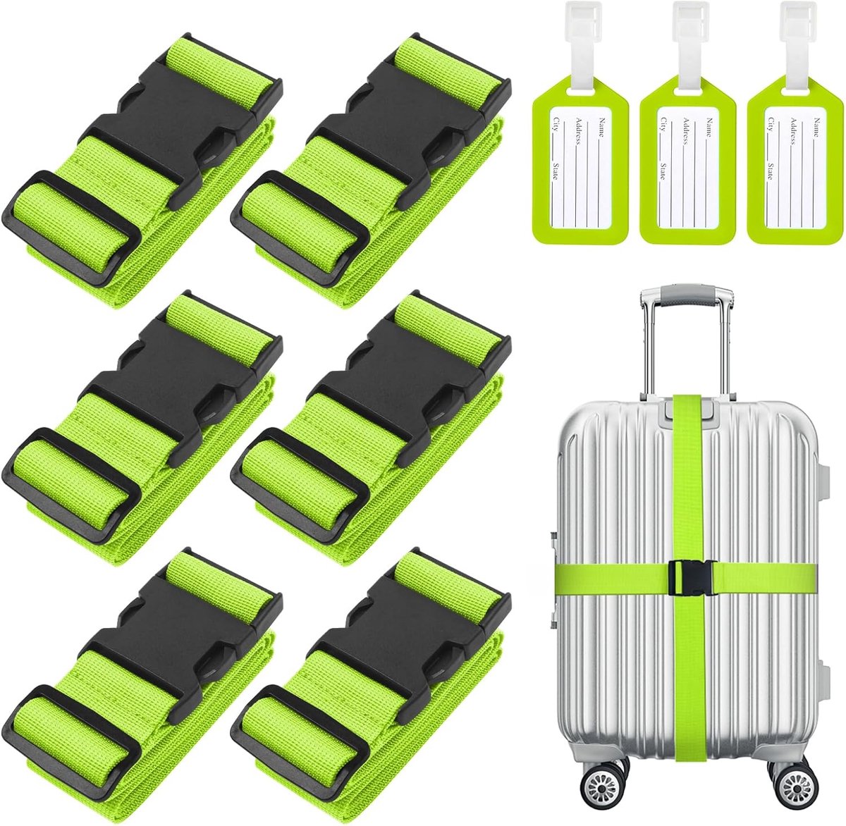 SnelShoppen - Set van 6 Verstelbare Reisbanden met Bagagelabels, Veiligheidsstraps voor Koffers, Non-slip Reisaccessoires, Groen, 188 cm