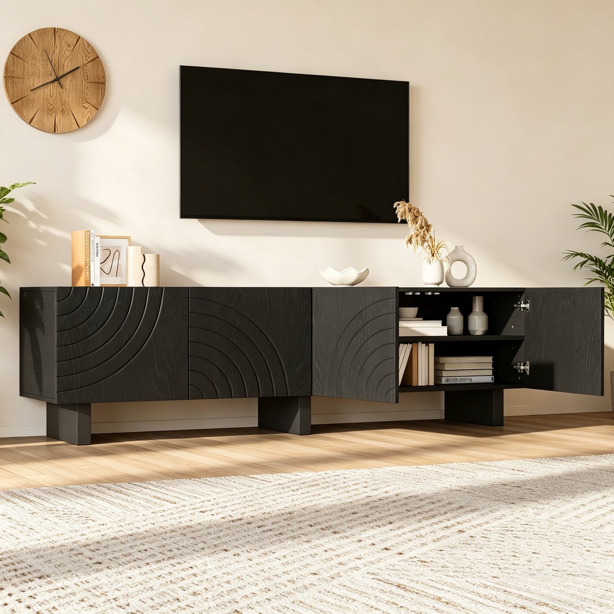 Wishdor - TV meubel - 180 cm breed - 4 deuren en opbergruimte - modern lowboard voor woonkamer - bewerkt hout - zwart - 180 x 40 x 55 cm