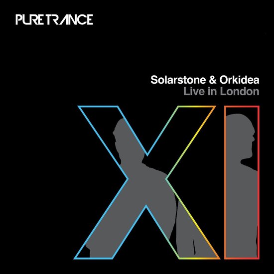 Albumhoes met 'PURE TRANCE XI' in grote, gekleurde lijnen. De tekst 'Solarstone & Orkidea Live in London' staat rechtsboven.