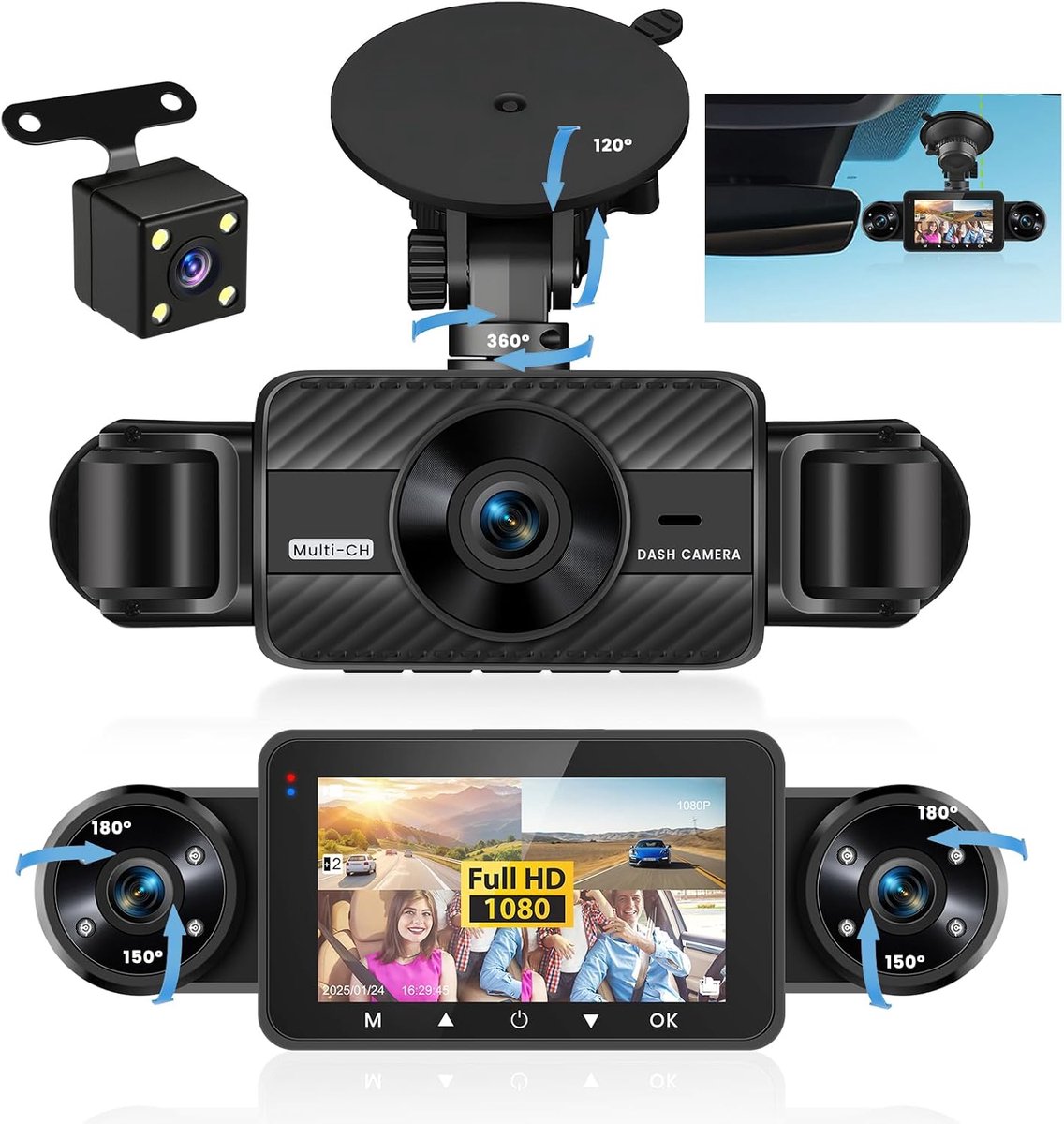SnelShoppen - Dashcam voor Auto 4 Kanalen met 1080p, Voor/Achter, 64 GB SD-kaart, 3 Inch IPS Display, Groothoek, Nachtzicht IR, G-sensor, Autocamera m