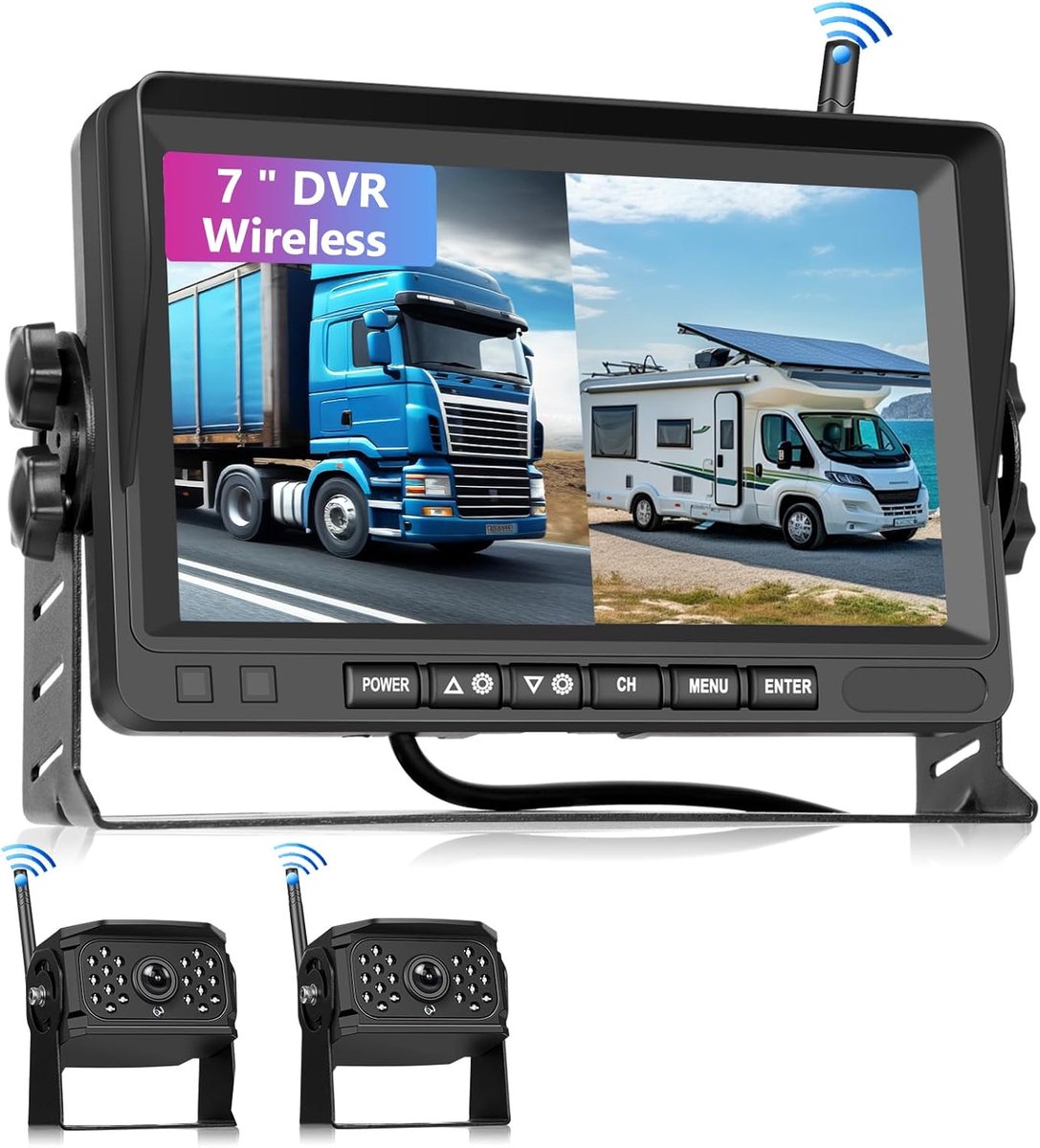 SnelShoppen - Draadloze Achteruitrijcamera Set 1080p met 7 Inch IPS Monitor, 2 Camera's voor Auto, Vrachtwagen, Bus, Nachtzicht, IP68, Doe-Het-Zelf In