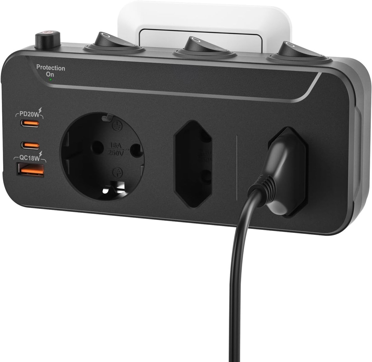 SnelShoppen - Stopcontact Splitter met Onafhankelijke Schakelaar, 3-Voudig Stekkerdoos met USB C PD20W, Drievoudige Adapter voor Thuis, Zwart