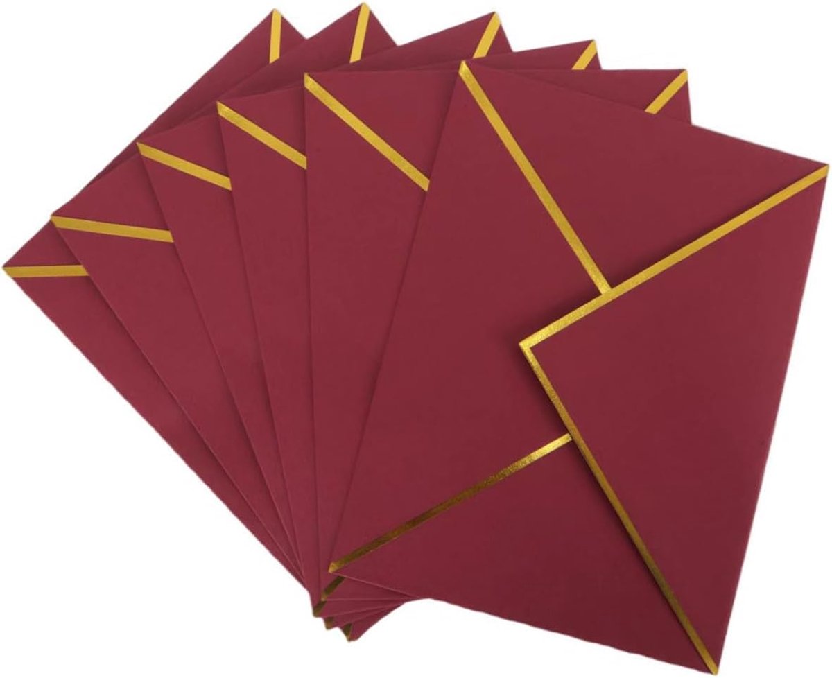 SnelShoppen - 50 stuks Rode Luxe 13,5 x 18,5 cm V-klep Enveloppen met Gouden Folie Rand voor Bruiloften, Feesten en Uitnodigingen