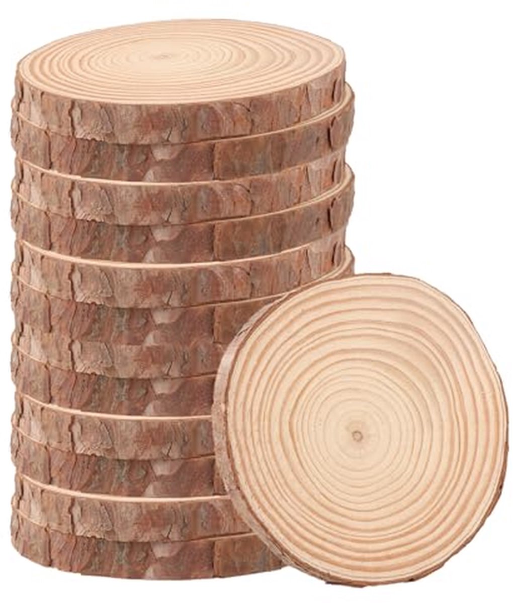 Houten Schijven - Boomschijven Knutselen - Doe-het-zelf Projecten - Natuurlijk Grenenhout - 12 Stuks 12-14cm - Houtkleur