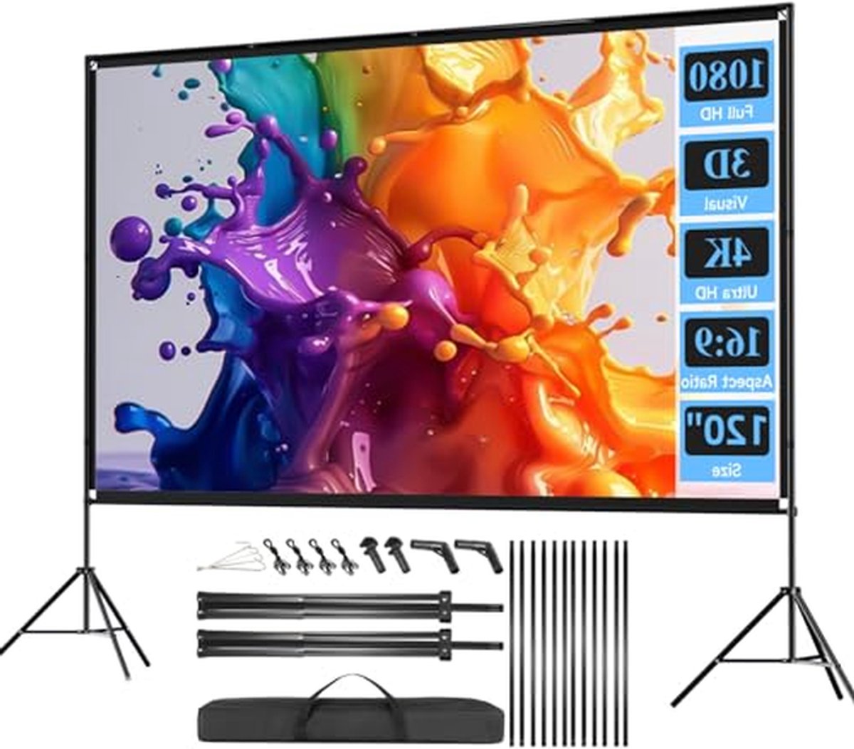 Projectiescherm met standaard - Opvouwbaar filmscherm - Filmavond thuis - Kreukvrij ontwerp - 120 inch 16:9 - Wit