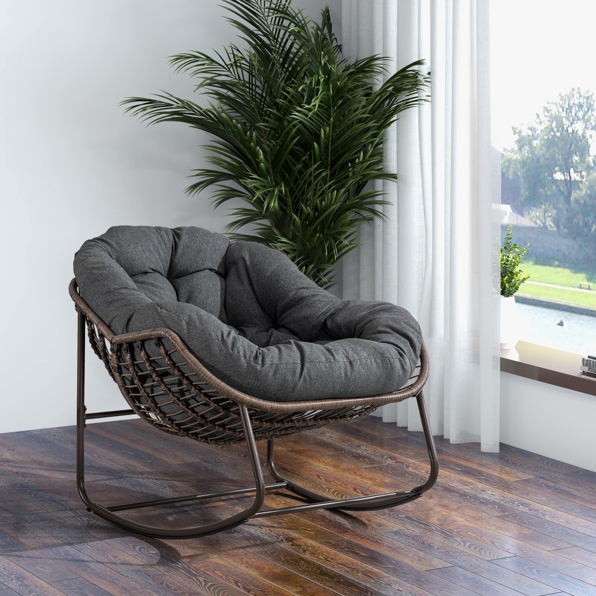 Intebiki fauteuil - schommelstoel tuin buiten - loungestoel - rotan tuinstoel - geschikt voor balkons, gangen, tuinen, achtertuinen en patio's - donkergrijs