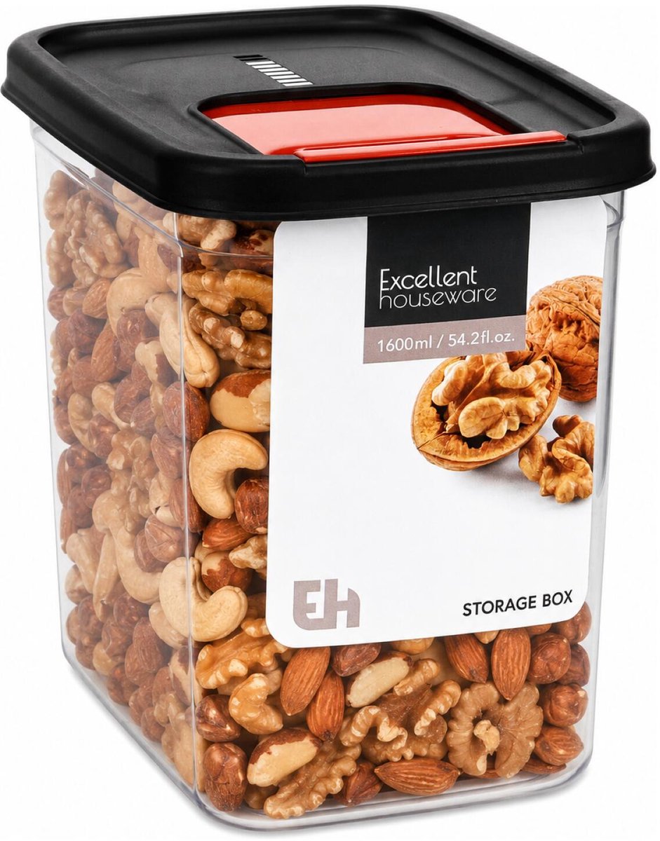 Excellent Houseware Voedselcontainer strooibus - transparant/zwart - 1600 ml - kunststof - 16 x 11 x 14 cm