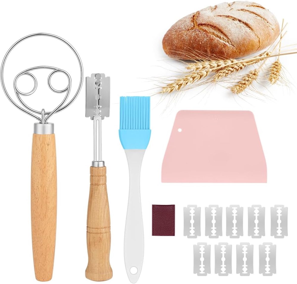 SnelShoppen - 15-delig Broodsnijder Set met 10 Verwisselbare Mesjes, Deegklopper, Baguette Mes voor Thuis Sourdough Bakken, Keuken Accessoires