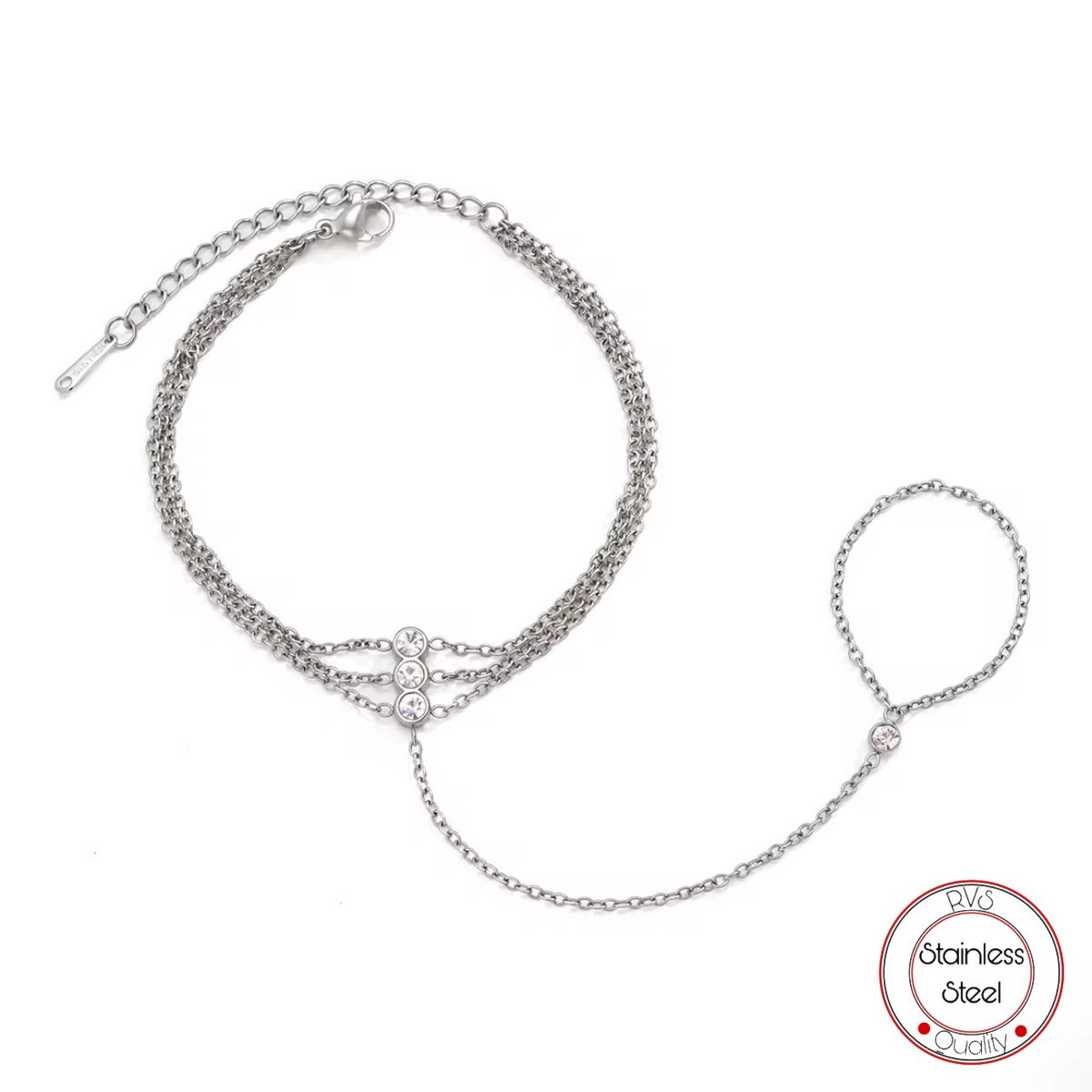 Handketting met Zirkonia Steentjes Zilverkleurig | Dames Sieraden | Armbanden | Luxe Geschenkzakje | Dames Ring | Borasi |