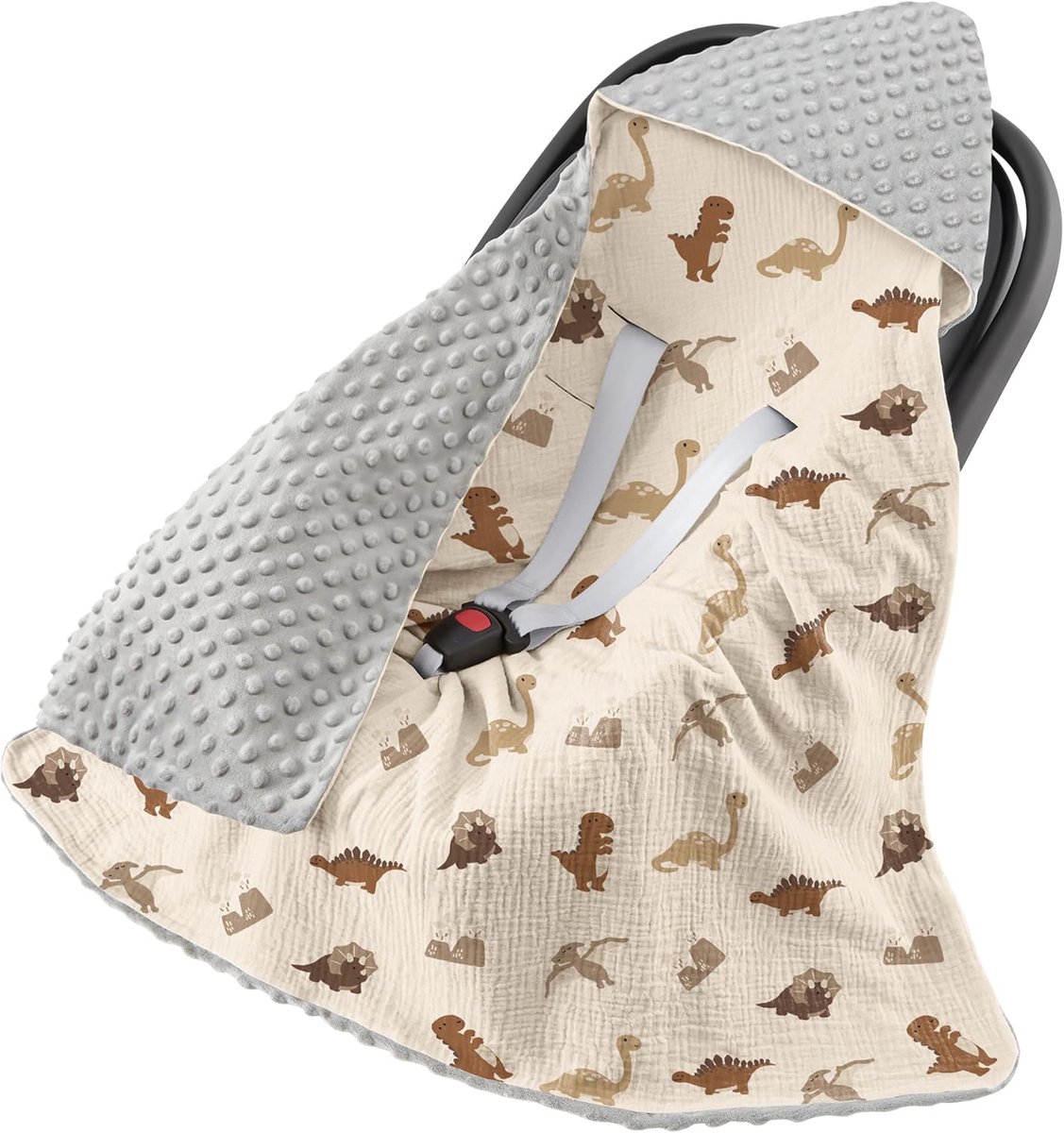 SnelShoppen - Universele Babydeken 90x90 cm - Ademend en Zacht Muslin Katoen met Fleece Achterkant - Geschikt voor Kinderwagens en Autostoelen - Dino