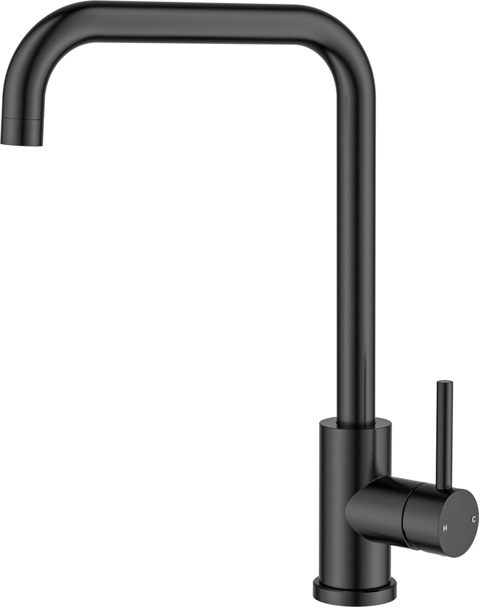 SnelShoppen - Keuken Mengkraan Zwart 360° Draaibaar RVS L-Vorm Monobloc Keuken Faucet 1 Gat Met Enkele Hendel, Hoogte 371mm