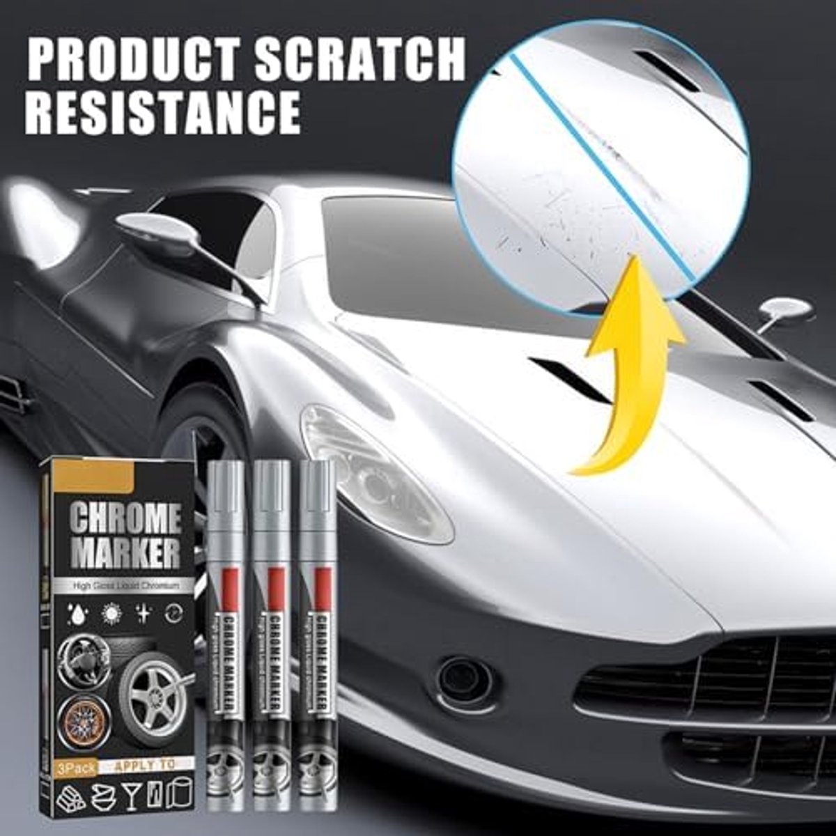 SnelShoppen - Chrome Paint Pen High Gloss - Scratch Remover Car Paint Repair Pen Pack van 3 - Hoogglans Liquid Chrome Marker Pen voor Auto Reparatie e