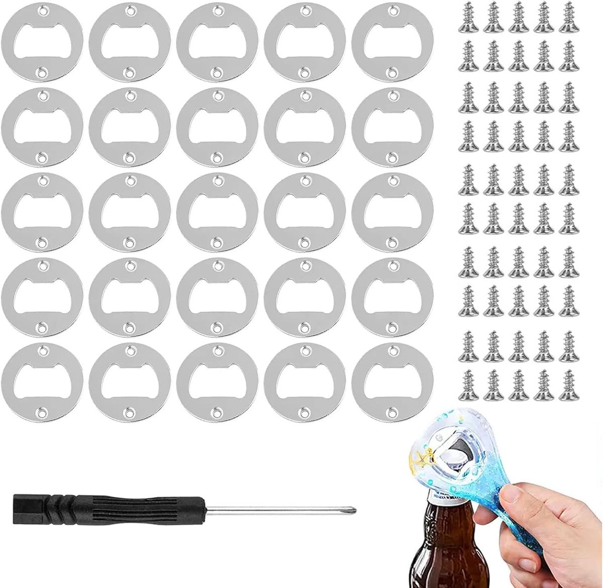 Thijox - 25 stuks Lege Flesopeners en Flesopeners voor Bier - DIY Metaal Rond Zilver - Perfect voor Keuken, Bar of Restaurant - Inclusief Schroeven en
