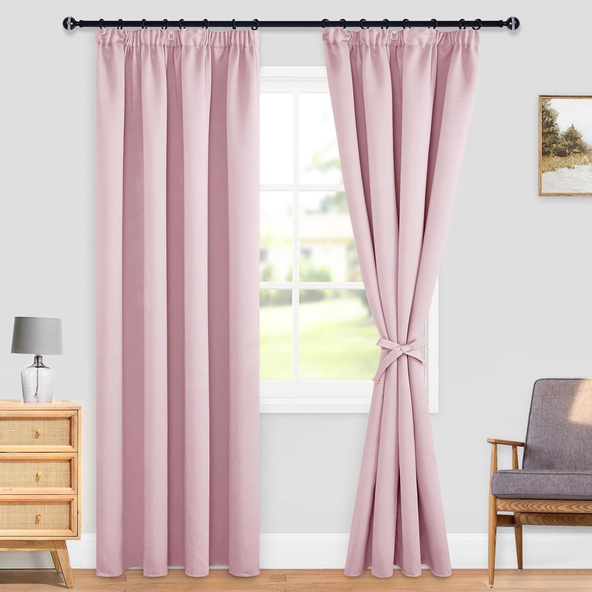SnelShoppen - Blackout Gordijnen met Riemen, Plooiende Gordijnen, Kant, 2 Stuks, Thermisch, Voor Slaapkamer en Woonkamer, Roze 140x225cm