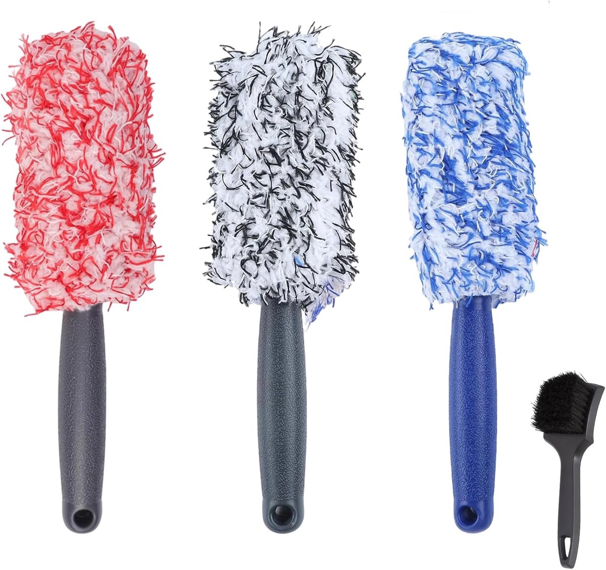 SnelShoppen - 4-delige Velgenborstelset voor Aluminium Velgen + Bandenborstel, Microvezel, Ergonomisch Handvat, Geschikt voor Alle Velgen, Rood Blauw