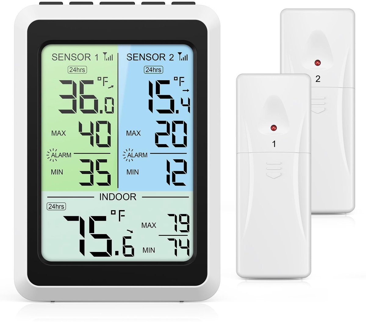 SnelShoppen - Koelkast Thermometer met Draadloze Sensors, 4.5 Inch Kleur LCD Scherm, Geluidsalarm Functie, Temperatuurweergave °C/°F voor Koelkast/Vri