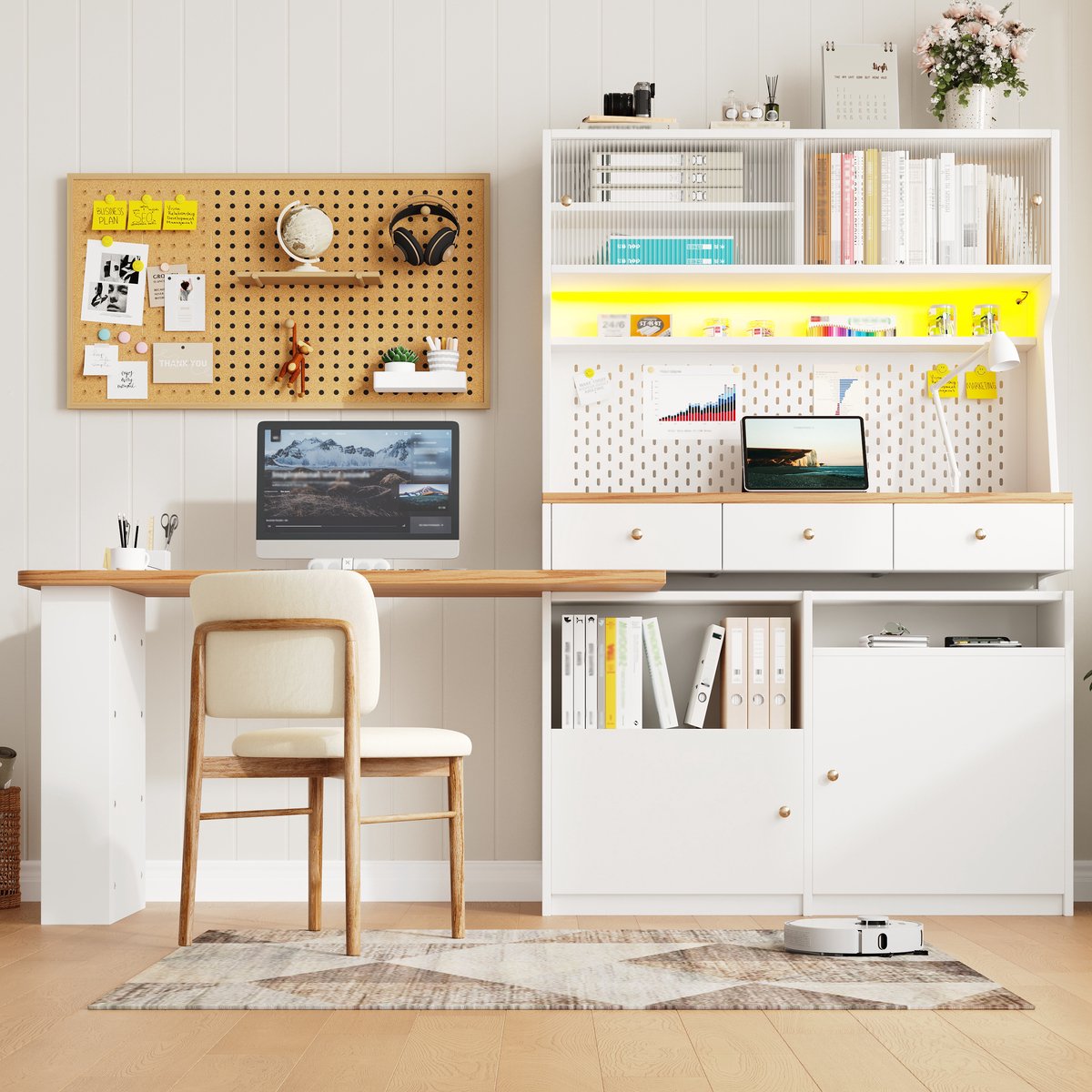 Wishdor - Keukenkast - met LED-verlichting en uitschuifbaar werkblad - modulaire opbergruimte - minimalistisch - keuken of eetkamer - houtlook - wit - 137 x 45 x 178 cm